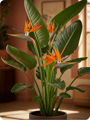 Bird of Paradise plant with orange flowers in pot