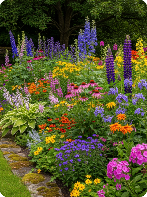 Colorful perennial flower garden border in full bloom