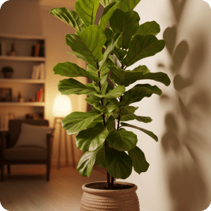 Fiddle leaf fig tree in woven basket pot indoors