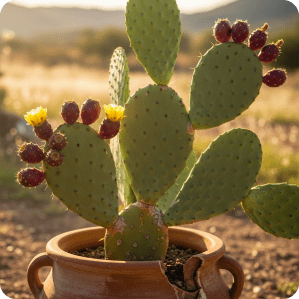 Prickly pear cactus with fruit and yellow flowers in clay pot