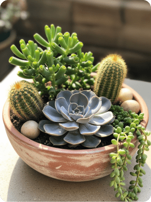 Mixed succulent and cactus arrangement in terracotta bowl