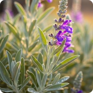 Texas sage shrub with purple blooms and silver-green foliage